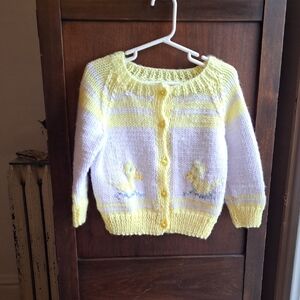 Homemade Vintage Yellow and White Duck Knit Cardigan W Duck Buttons